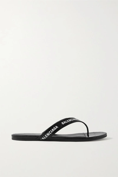 Shop Balenciaga Logo-print Croc-effect Leather Flip Flops In Black