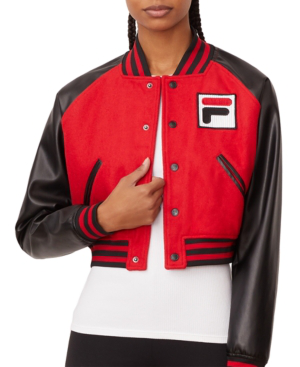 Fila Rosalie Sequin Logo Crop Bomber Jacket In Cred/blk/wht | ModeSens