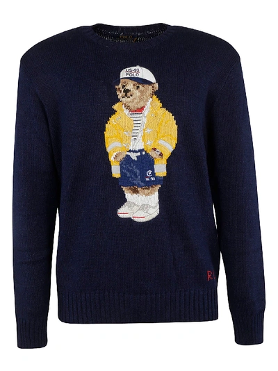 Shop Ralph Lauren Embroidered Knit Sweatshirt In Navy Sailor