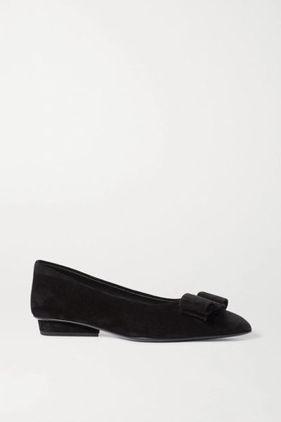Shop Ferragamo Viva Bow-embellished Suede Point-toe Flats In Black