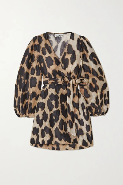 Shop Ganni Leopard-print Linen And Silk-blend Wrap Mini Dress In Leopard Print