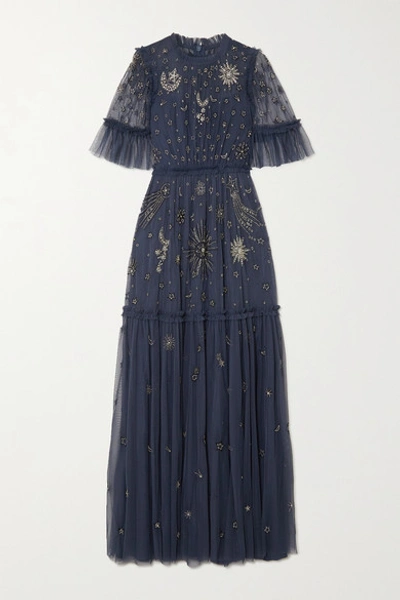 Shop Needle & Thread + Jasmine Hemsley Ether Embellished Embroidered Tulle Gown In Indigo