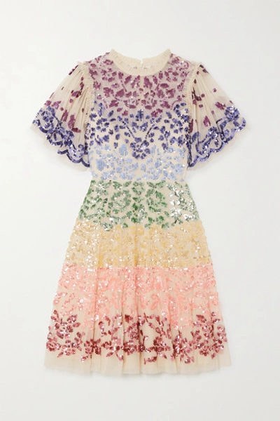 Needle Thread chakra Rainbow Sequin Embellished Short Sleeve Tulle Mini Dress In White ModeSens