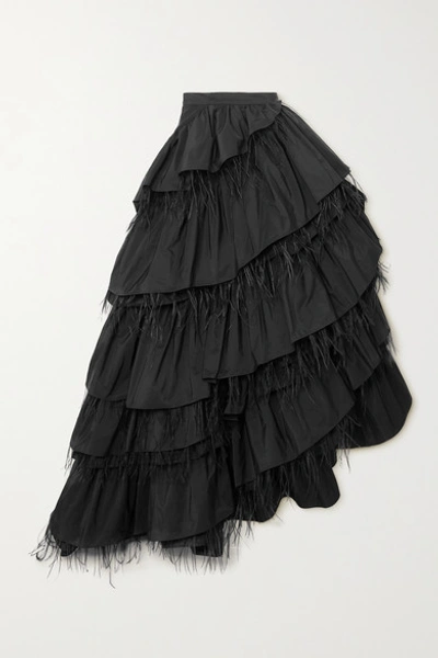 Shop Dries Van Noten Feather-trimmed Ruffled Taffeta Maxi Skirt In Black