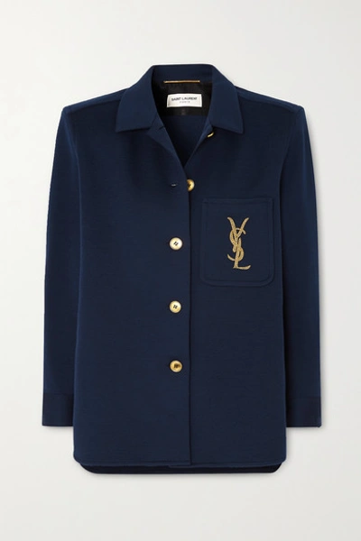 Shop Saint Laurent Embroidered Wool-blend Jacket In Navy