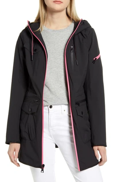 Shop Karl Lagerfeld Hooded Tech Parka In Black/ Neon Pink
