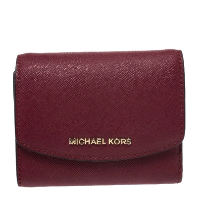 Pre-owned Michael Kors Maroon Leather Short Jet Set Trifold Wallet In Burgundy