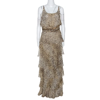 Pre-owned Valentino Boutique Vintage Beige Animal Print Tiered Maxi Dress L