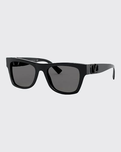 Shop Valentino Square Acetate Sunglasses W/ V Temples In Black