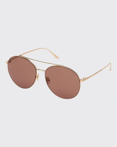Shop Tom Ford Round Metal Mirrored Sunglasses In Rose Gold/violet
