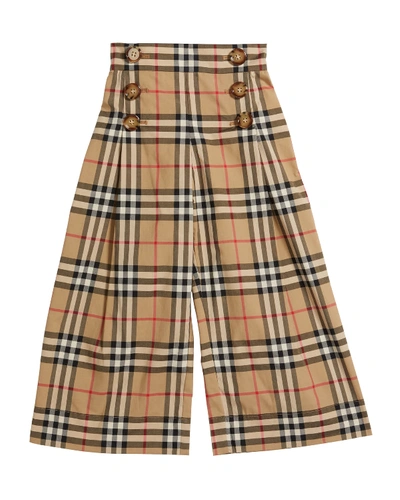 Shop Burberry Girl's Tilda Archive Check Wide-leg Sailor Pants In Beige