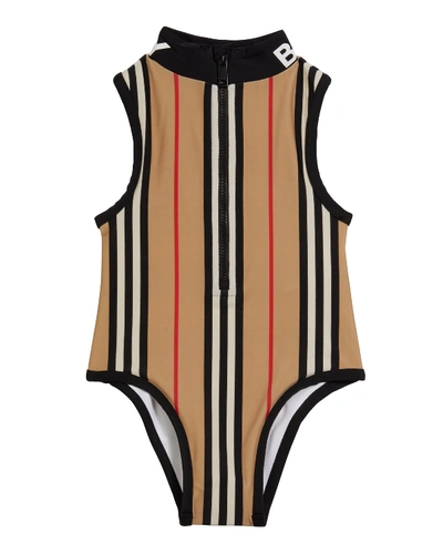 Shop Burberry Girl's Siera Archive Stripe One-piece Swimsuit In Beige