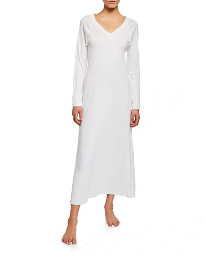 Shop Hanro Pure Essence Long-sleeve Long Nightgown In Off White