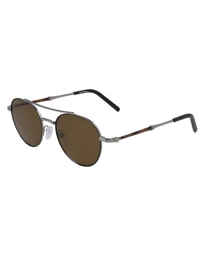 Shop Ferragamo Men's Polarized Round Metal Double-bridge Sunglasses In Black/gunmetal