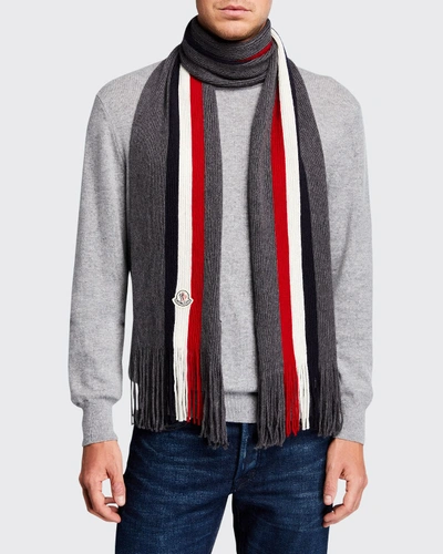 Shop Moncler Men's Tricolor Logo-patch Wool Scarf In Charcoal