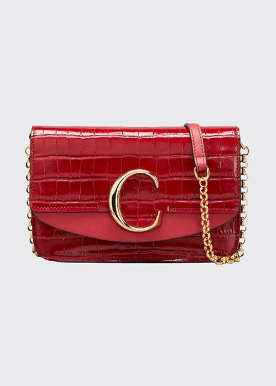 Shop Chloé C Croc-embossed Leather Shoulder Bag In Medium Red