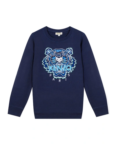 Shop Kenzo Boy's Tiger Embroidered Cotton Sweatshirt In Blue