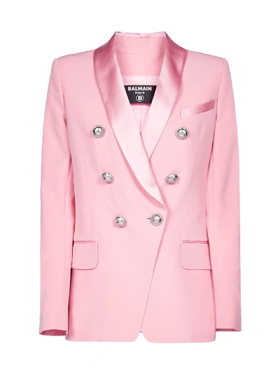 Shop Balmain Crepe Wool Double-breasted Blazer In Rose