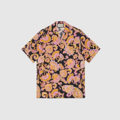 Shop Gucci Paisley Print Linen Bowling Shirt In Pink
