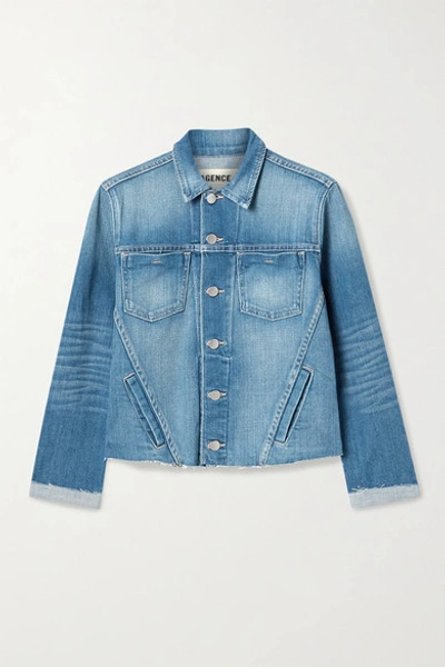 Shop L Agence Janelle Cropped Frayed Stretch-denim Jacket In Mid Denim