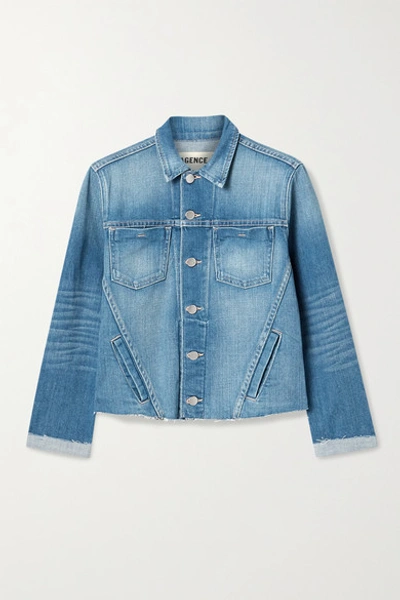 L Agence Janelle Cropped Frayed Stretch-denim Jacket In Mid Denim
