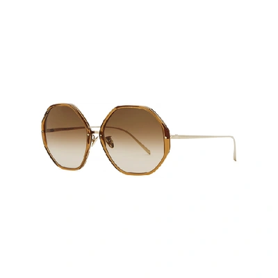 Shop Linda Farrow Luxe Alona Brown Hexagon-frame Sunglasses In Gold