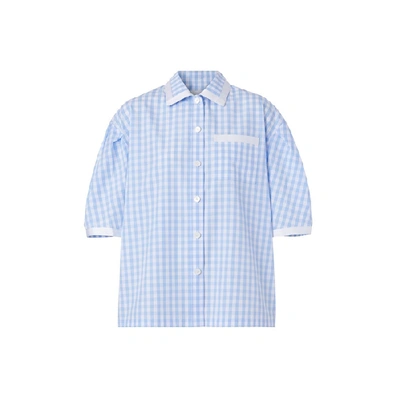 Shop Burberry Puff-sleeve Gingham Cotton Oversized Shirt In Pale Blue