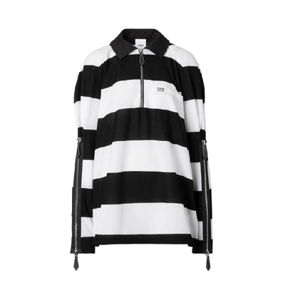 Shop Burberry Zip Detail Striped Cotton Pique Oversized Rugby Shirt In Black Pattern
