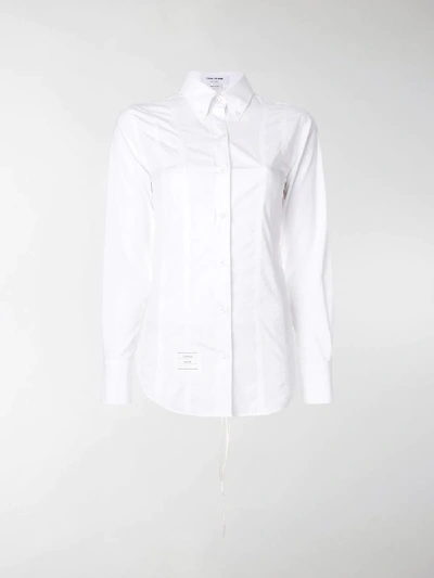 Shop Thom Browne Lace-up Back Long Sleeve Button Down Point Collar Shirt In Solid Poplin In White