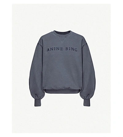 Shop Anine Bing Esme Logo-embroidered Cotton-jersey Jumper In Washed+indigo