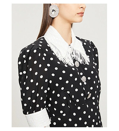 Shop Alessandra Rich Fringed Polka-dot Silk Crepe-de-chine Midi Dress In Black