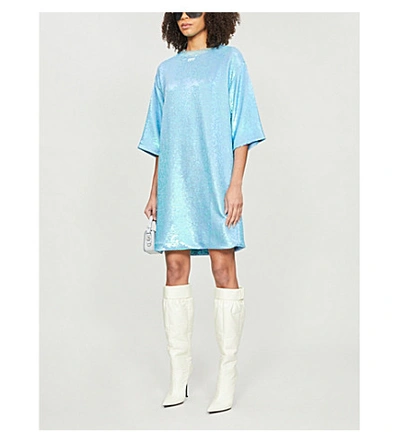 Shop Off-white Sequin-embellished Relaxed-fit Mini Dress In Light+blue