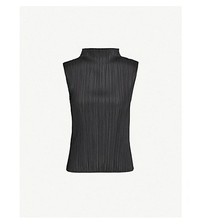 Shop Issey Miyake Basic High-neck Sleeveless Pleated Woven Top In Black