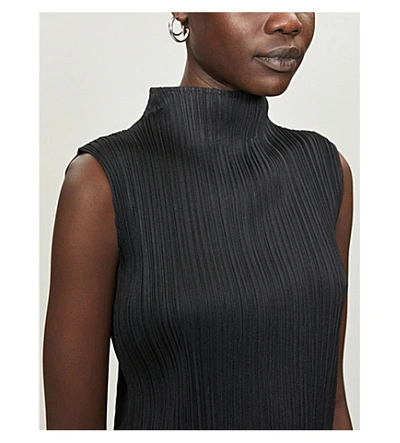 Shop Issey Miyake Basic High-neck Sleeveless Pleated Woven Top In Black