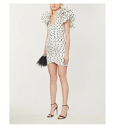 Shop Alessandra Rich Ruffled Embellished Polka-dot Silk Mini Dress In White