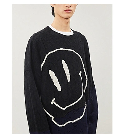 Shop Raf Simons Face-embroidered Deconstructed Merino Wool Jumper In Pastel+yellow