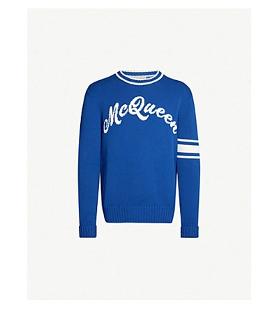 Shop Alexander Mcqueen Logo-embroidered Cotton-knit Jumper In Blue Ivory