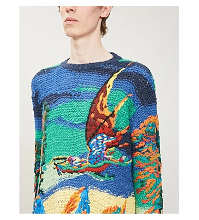 Shop Valentino Dragon Dawn Silk-knit Jumper In Blue+green