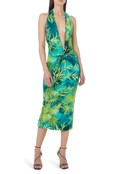 Shop Versace Jungle Print Crepe Halter Midi Dress In Green And Print