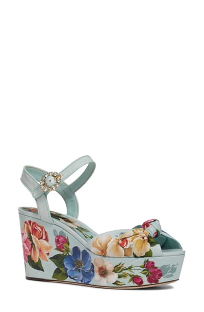 Shop Dolce & Gabbana Floral Print Platform Wedge Sandal In Sky Blue/ Floral