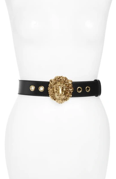 Shop Gucci Lion Head Leather Belt In Nero/ Gold