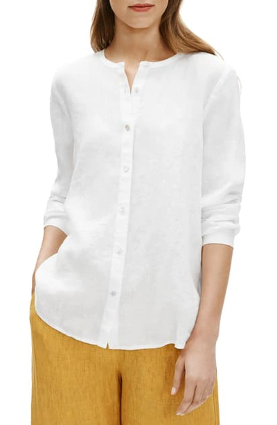 Shop Eileen Fisher Collarless Organic Linen Button-up Shirt In White