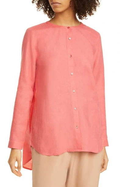 Shop Eileen Fisher Collarless Organic Linen Button-up Shirt In Pink Grapefruit