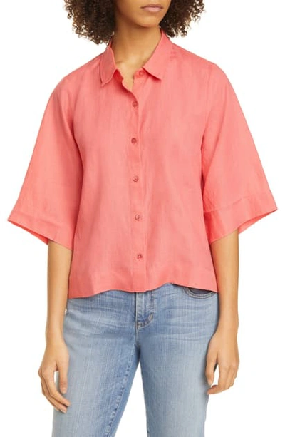 Shop Eileen Fisher Boxy Organic Linen Button-up Shirt In Black