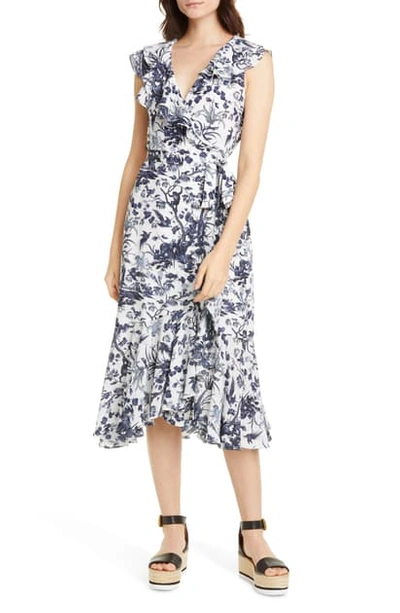 Shop Erdem Junita Ruffle Toile De Jouy Print Silk Wrap Dress In White/ Blue