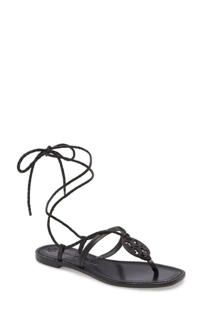 Shop Tory Burch Miller Braided Ankle Tie Logo Sandal In Perfect Black
