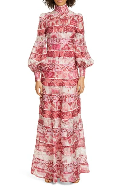 Shop Zimmermann Wavelength Long Sleeve Linen & Silk Maxi Dress In Spliced Pink Ikat