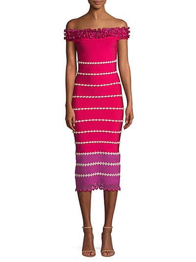 Shop Herve Leger Crochet Knit Off-the-shoulder Midi Dress In Raspberry