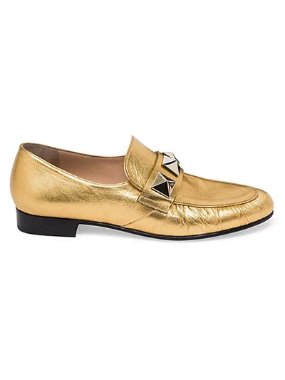 Shop Valentino Rockstud Metallic Leather Loafers In Gold