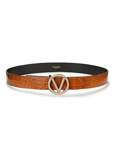 Shop Valentino By Mario Valentino Giusy Croc-embossed Leather Belt In Caramel